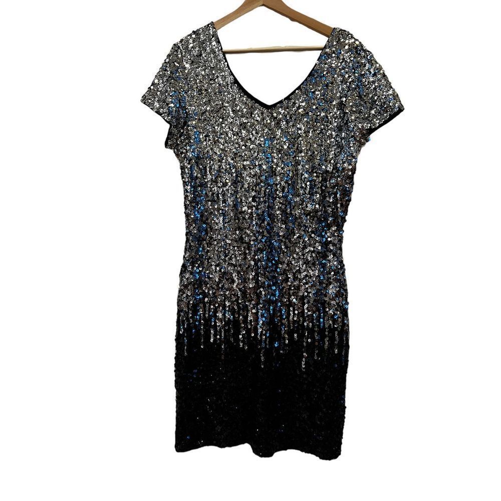 NWT MANER Women's Sequin Glitter Short Sleeve Dress Sexy V Neck Mini Party Club